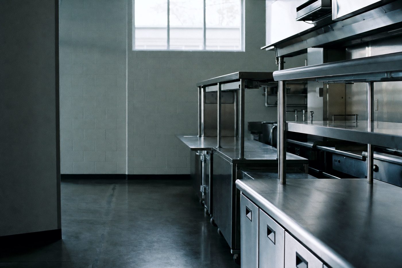 An empty stainless steel commercial kitchen prep line in early morning light.