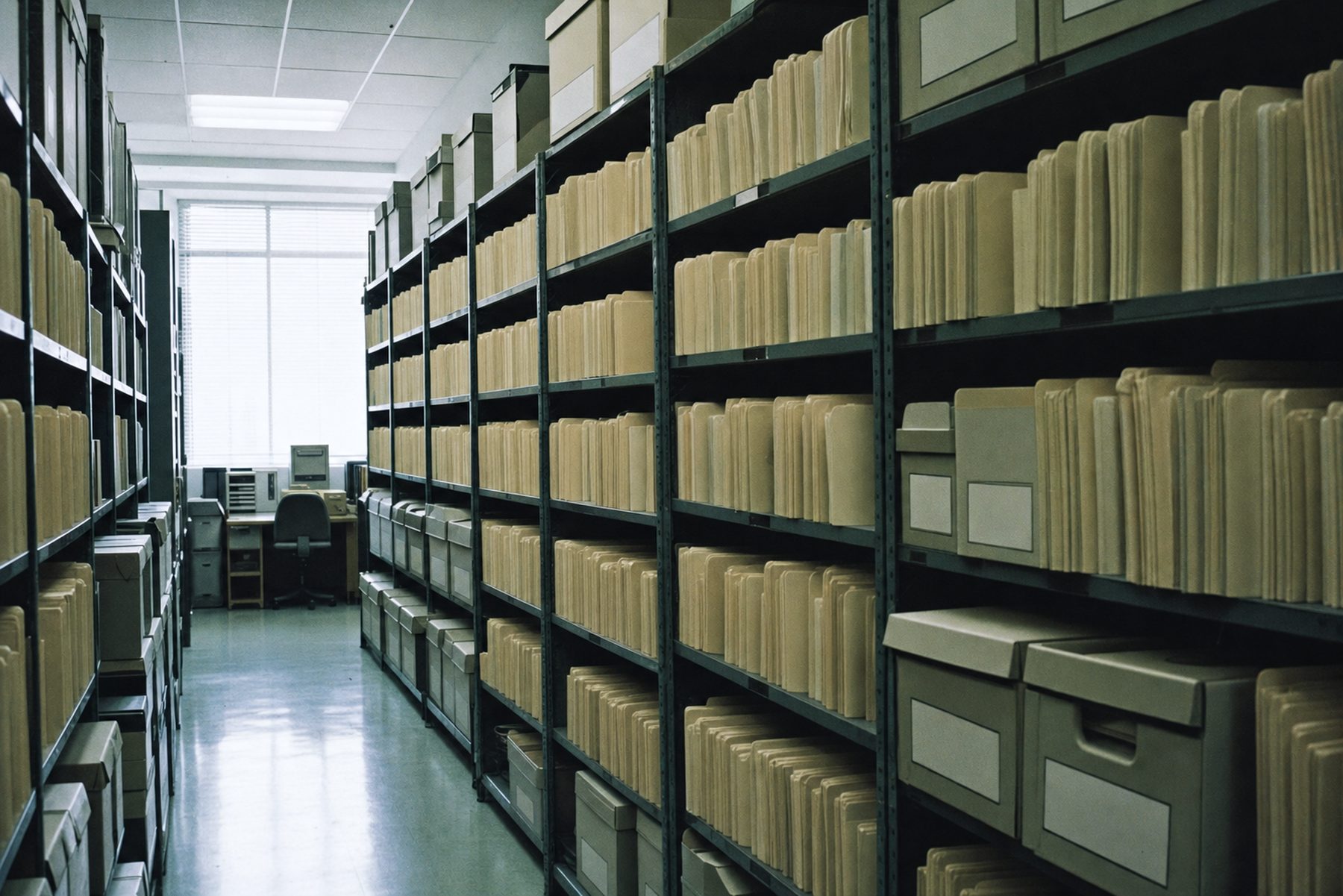 Rows of metal shelving filled with unlabeled manila file folders in a public records room.
