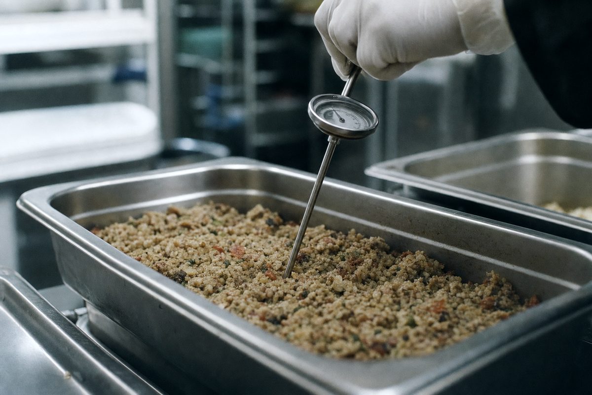 A gloved hand checking the temperature of food in a hotel pan with a probe thermometer.